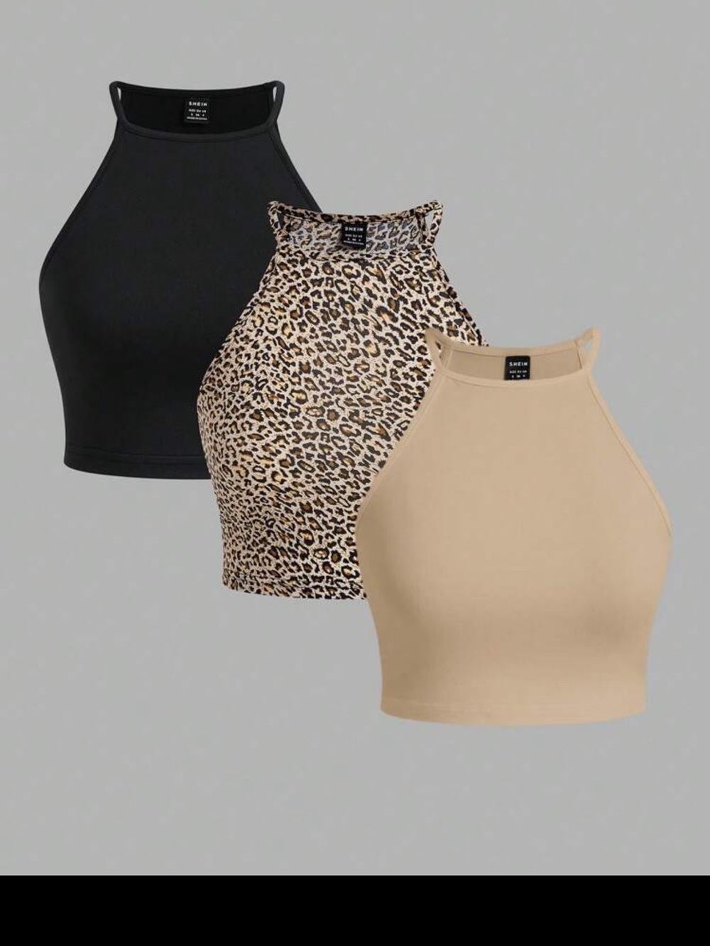 SHEIN 3-Pack High Neck Crop Camisoles - Black, Leopard, Beige